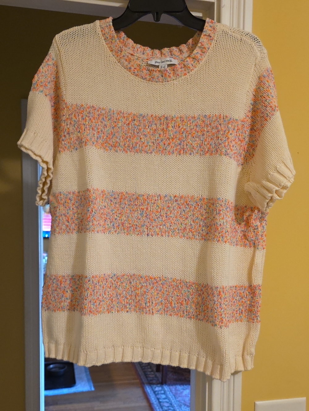 Peace Love World Cream Sweater with Multicolor Confetti Stripes